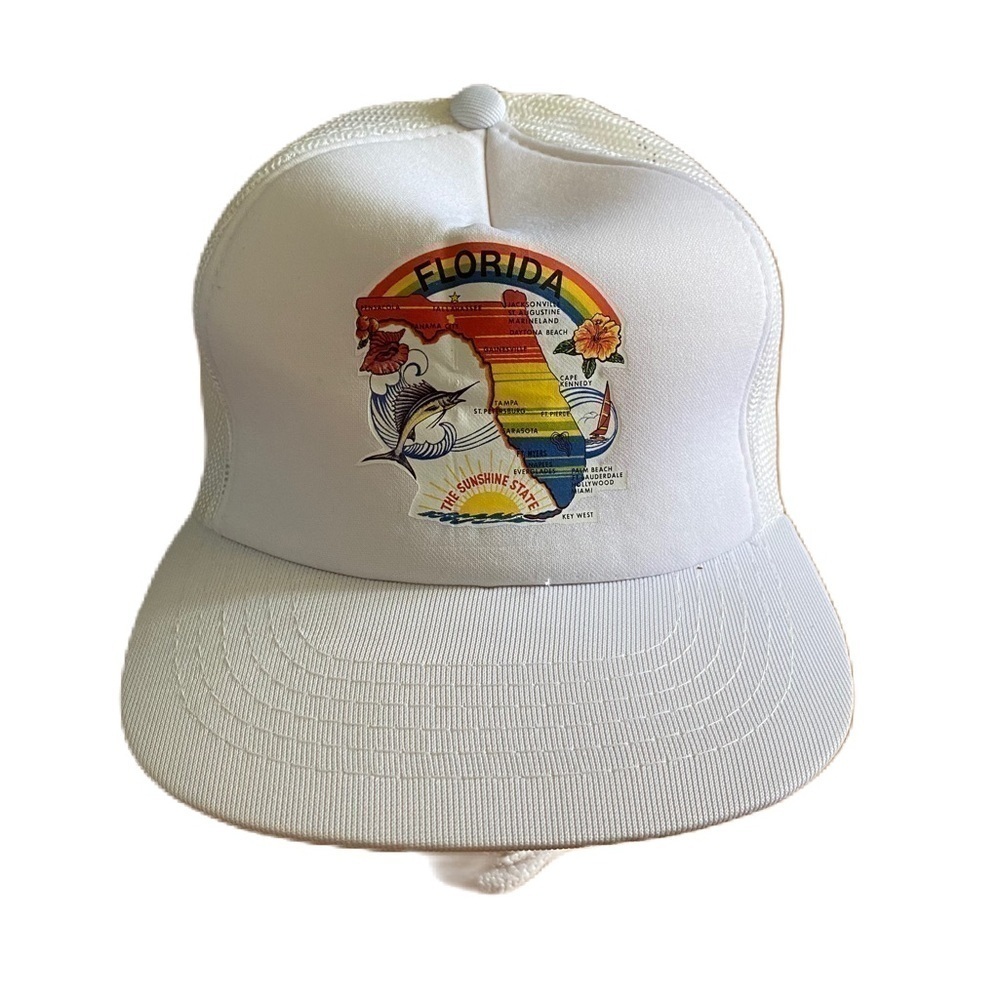 Vintage Florida Rainbow Mesh Snap Back Trucker Hat NEW 90s White Sunshine State